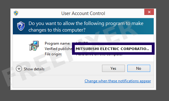 Screenshot where MITSUBISHI ELECTRIC CORPORATION appears as the verified publisher in the UAC dialog